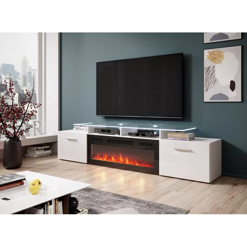TV skapis Cama Meble ROVA ar elektrisko kamīnu 190x37x48 cm balts/spīdīgi balts