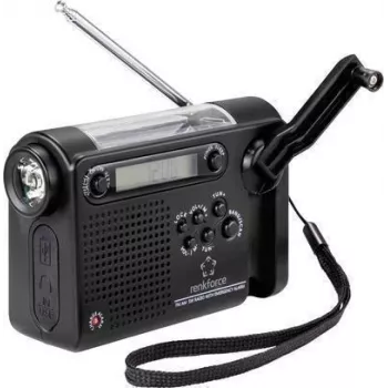 Renkforce RF-CR-200 pārnēsājamais radio UKW, MW, KW uzlādējams, saules panelis, rokas ģenerators, modinātāja funkcija, lukturītis melns (RF-4694806)