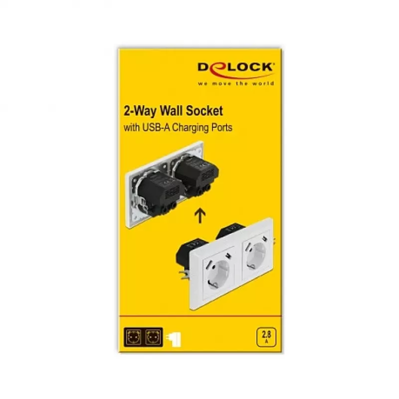 Delock sienas kontaktligzda ar 2 ligzdām un 4 USB pieslēgvietām, 2 x 2,8 A
