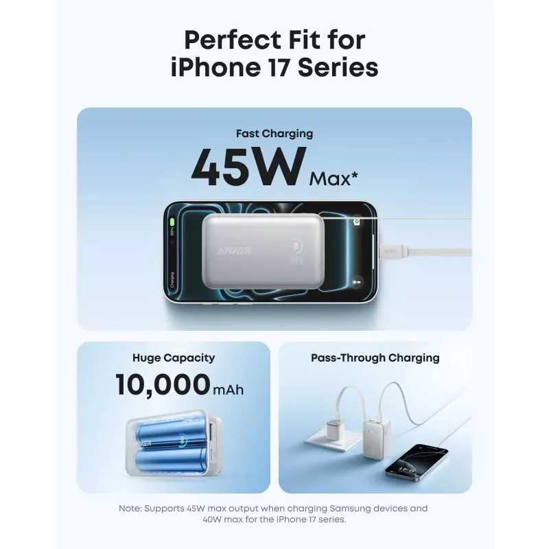 Ārējais akumulators Anker A1638 10000 mAh, 45 W kopējā izejas jauda, balts, iebūvēts izvelkams USB-C kabelis