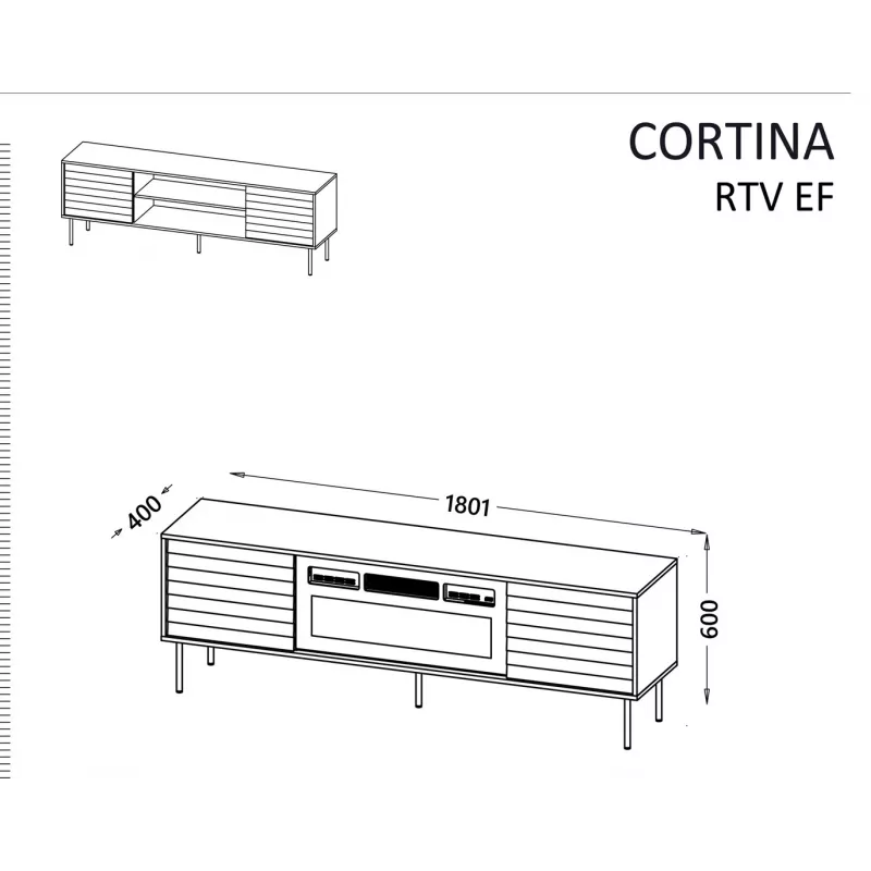 TV skapis cama meble CORTINA EF 180×40×60 cm, melns, skaidu plākšņu virsma, melns rāmis