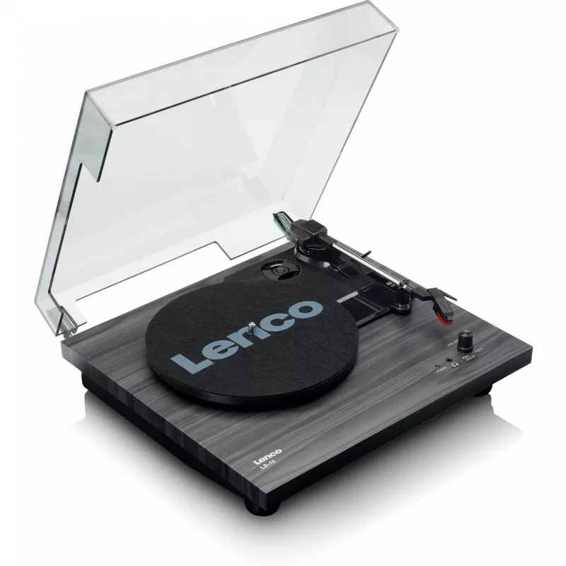 Siksnas piedziņas audio atskaņotājs Lenco LS-10, melns, ar iebūvētiem skaļruņiem, 33/45 RPM, RCA izeja, austiņu ligzda