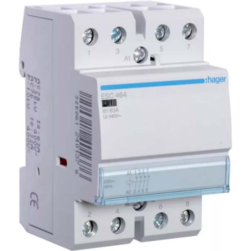 Hager ESC464. Kontakt Strombelastbarkeit: 63 A, Kabelquerschnitt: 4/16 mm², Temperaturbereich in Betrieb: -10 - 50 °C. AC Eingangsspannung: 230 V, AC 