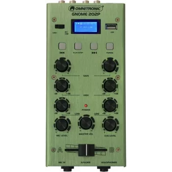Mini mikseris Omnitronic GNOME-202P — 2-kanālu kompakts audio mikseris, zaļš