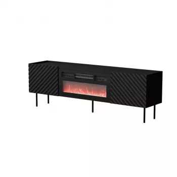 TV skapītis Cama Meble LUCCA 180x40x59 cm, melna virsma un rāmis, skaidu plātne, ietver melnu kamīnu