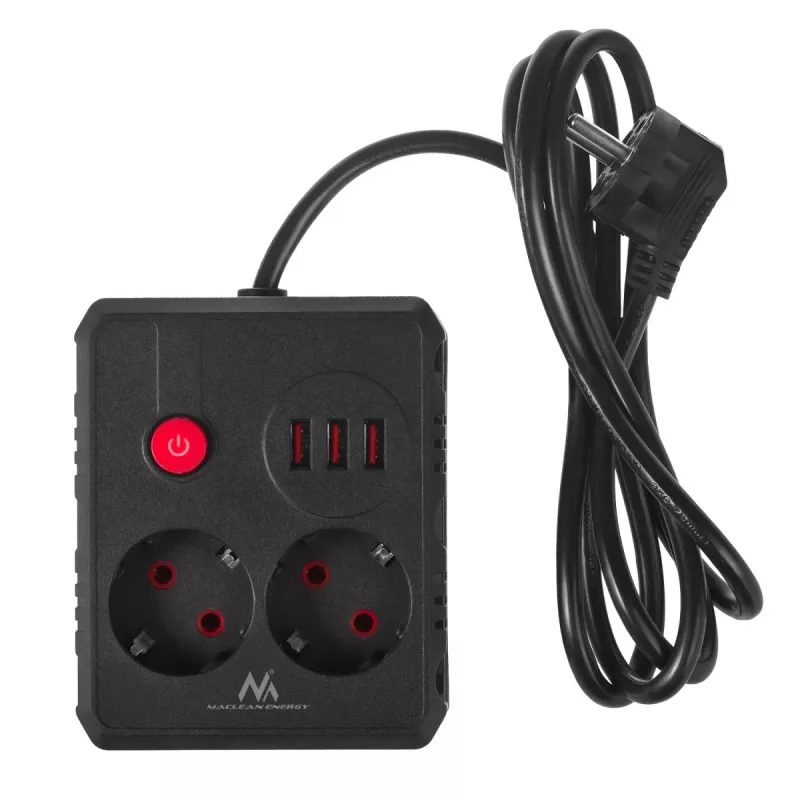 Strāvas sadalītājs MACLEAN MCE387 B — 2 kontaktligzdas, 3×USB A, 110–240 V, 1,5 m kabelis, maks. 2500 W
