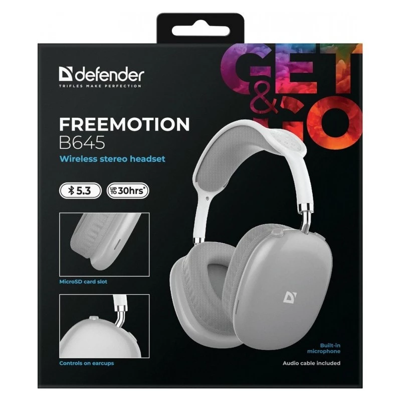 Bezvadu austiņas uz galvas DEFENDER EEMOTION B645 — binaurālas, USB-C, AUX, 20–20 000 Hz, 105 dB jutība