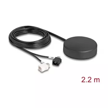 DELOCK 4G GNSS jumta montāžas daudzvirzienu antena — 1×FAKRA A + 1×FAKRA B, 2 dBi / 28 dB, 2,2 m RG-174, melna