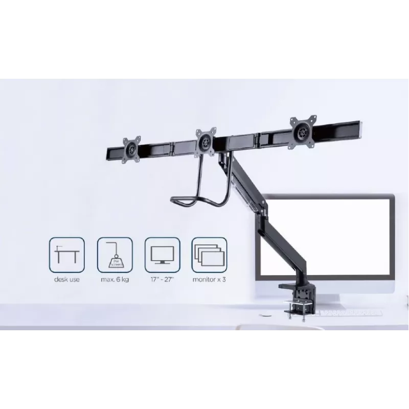 Galda monitora stiprinājums GEMBIRD MA-DA3-03, 3 sviras, gāzes atspere, VESA 75–100x100, atbalsta 3 displejus līdz 27 collām, maks. 18 kg, melns