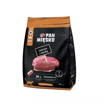 Sausā kaķu barība Pan Miesko teļa gaļa ar pīli, pilnvērtīgs grauzdiņš pieaugušiem kaķiem, 400 g, 39% olbaltumvielu, 16% tauku