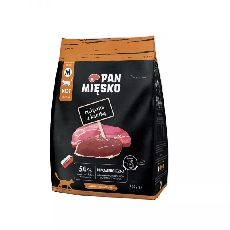 Sausā kaķu barība Pan Miesko teļa gaļa ar pīli, pilnvērtīgs grauzdiņš pieaugušiem kaķiem, 400 g, 39% olbaltumvielu, 16% tauku