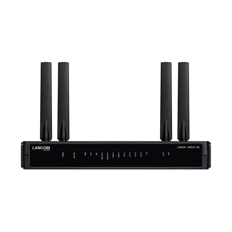 Maršrutētājs Lancom Systems LANCOM 1803VA-5G (EU) — 5G, Gigabit Ethernet, ārējā SMA antena, 1 ventilators, AES/3DES drošība