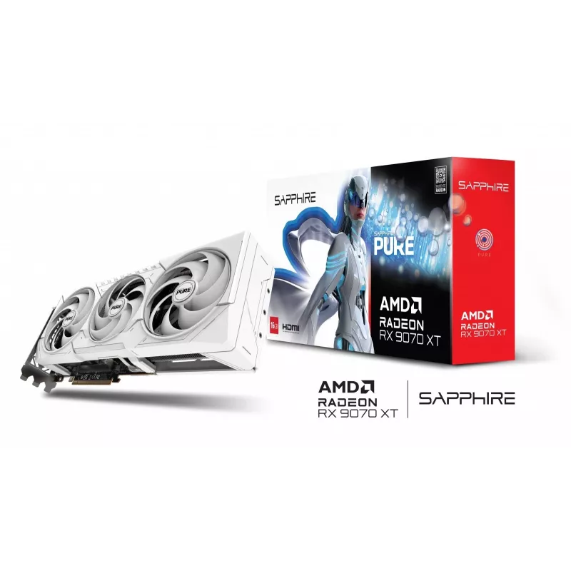Grafikas karte Sapphire Radeon RX 9070 XT — 16 GB GDDR6, PCIe 5.0, 256-bit, 320 mm, 3 slotu, balta