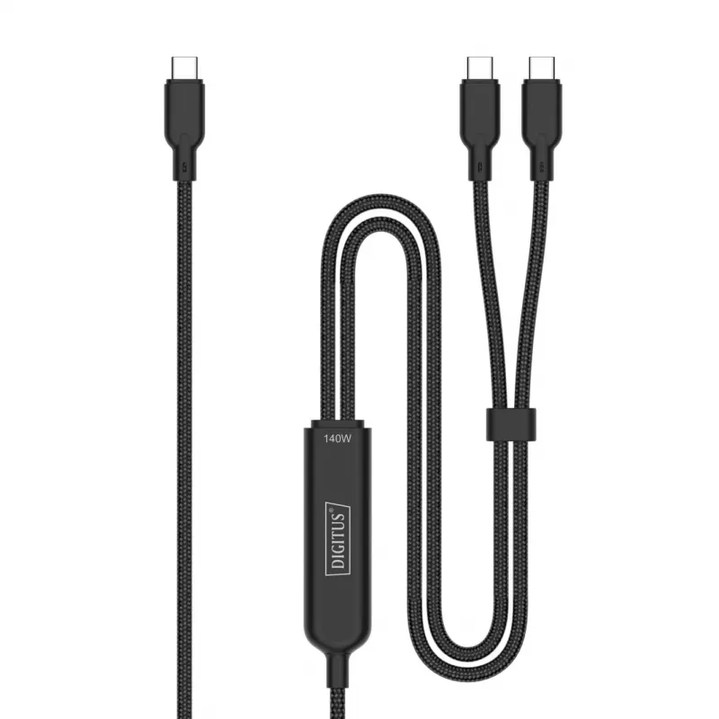 DIGITUS USB-C 2-in-1 uzlādes kabelis 140 W, USB-C uz 2×USB-C, 1,8 m, USB 2.0, melns