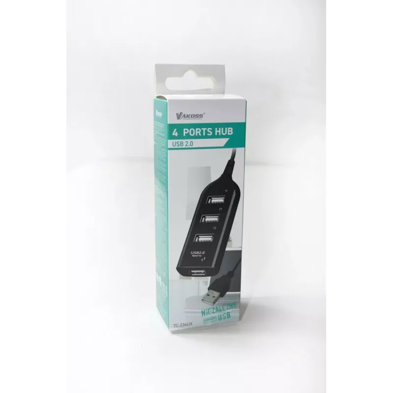 VAKOSS USB centrmezgls TC-234UX — 4 portu USB 2.0 centrmezgls, līdzstrāvas barošana (5V, 1A), melns