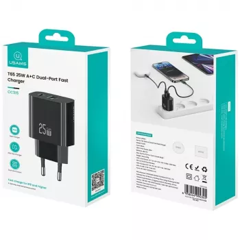 USB lādētājs usams USA001629 25W 1xUSB-C + 1xUSB-A ātra uzlāde