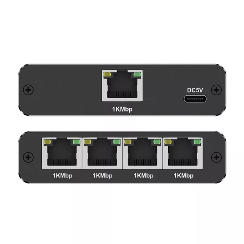 Ethernet mini slēdzis QOLTEC 52293 1x4 RJ45, 1-ieeja 4-izejas nepārvaldāms tīkla sadalītājs