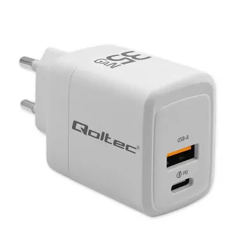 Lādētājs QOLTEC 51824 GaN 35W USB-C PD & USB QC 3.0, 5–20V, 1x USB-C, 1x USB-A