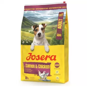 Sausā suņu barība JOSERA Mini Adult Salmon & Chicken 10 kg — pilnvērtīga sausā barība maziem pieaugušiem suņiem, 26% olbaltumvielu, 16% tauku