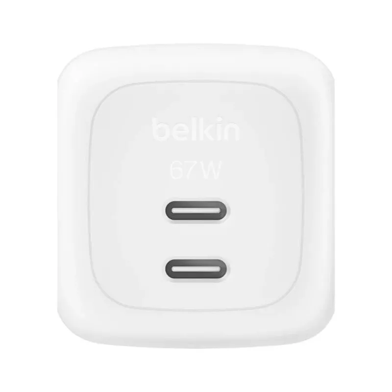 Iekštelpu maiņstrāvas ātrais lādētājs Belkin WCH020KQ2MWH-B6 — 2x USB‑C, 2 m integrēts kabelis, balts