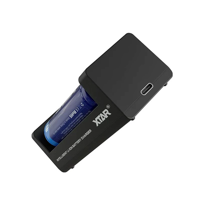XTAR divu slotu Li-ion bateriju lādētājs 18650 elementiem, USB-C ieeja, 2 sloti, melns, LED indikatori