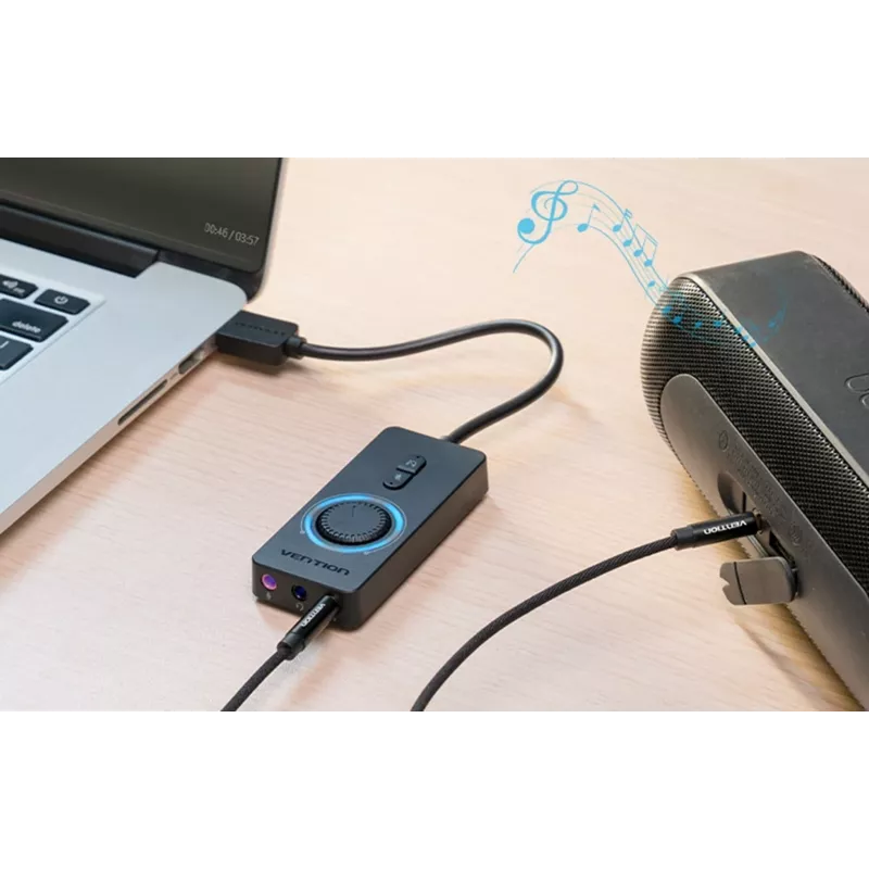 Ārējā USB 2.0 audio karte Vention CDRBF — 16 bitu, 44,1–48 kHz, USB barošana, 1 m kabelis, līnijas ieeja/līnijas izeja