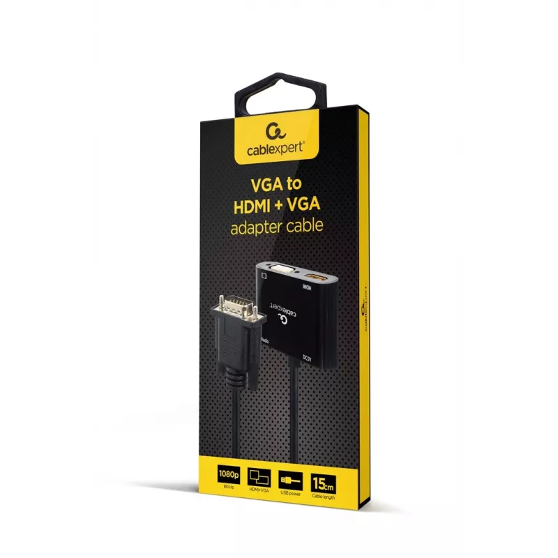 Video kabeļa pārveidotājs GEMBIRD A-VGA-HDMI-02 0,15 m — HDMI + VGA (D-Sub) sievišķā uz VGA (D-Sub) vīrišķo, melns