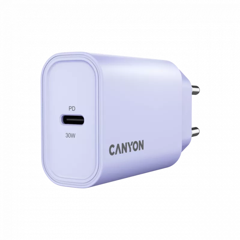 Sienas lādētājs CANYON OnCharge 30CL, 30 W USB-C PD, 1 PD izeja, ES kontaktdakša, violets