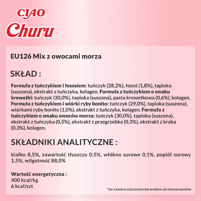 Mitrie kaķu gardumi INABA Churu Variety Box Seafood — 20 x 14 g tūbiņas, zivju pasta, bez graudiem, bez cukura un bez lipekļa