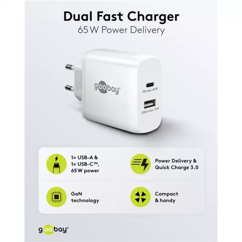 USB-C Dual-Fast lādētājs, PD, GaN, 65 vati (balts, 1x USB-C, 1x USB-A, Power Delivery)