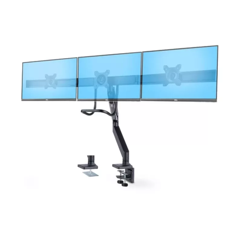 StarTech.com šķērssiju trīskāršais monitora galda statīvs līdz trim 27 collu ekrāniem, VESA 75x75/100x100, bezinstrumentu sviras regulēšana, C veida skava/cauruma stiprinājums, ar atsperēm asistēta svira