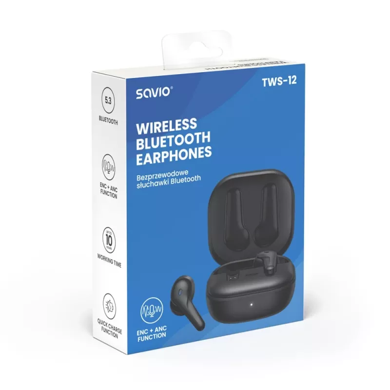 SAVIO in-ear TWS headset TWS-12, Bluetooth 5.3, built-in mic, Melns