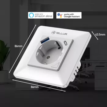 Viedais WiFi sienas kontaktligzdas spraudnis Tellur TLL331531 — 3600W 16A, Wi‑Fi tālvadība