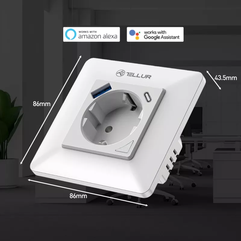 Viedais WiFi sienas kontaktligzdas spraudnis Tellur TLL331531 — 3600W 16A, Wi‑Fi tālvadība