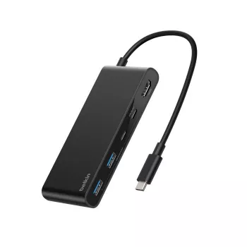 Belkin Connect, USB Type-C, HDMI, USB 2.0 Type-A, USB 3.2 Gen 1 (3.1 Gen 1) Type-C, MicroSD (TransFlash), SD, Melns, Apaļš kabelis, 0,2 m