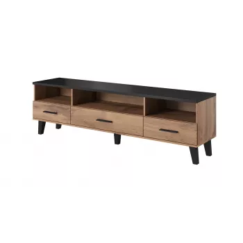 TV statīvs Cama Meble LOTTA 180 cm — Wotan ozola rāmis, matēti melna virsmas plāksne, 1800×400×530 mm