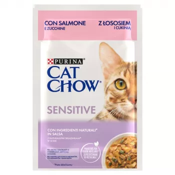 Purina Cat Chow Sensitive Gig ar lasi un cukīni mērcē - mitrā barība kaķiem - 85 g