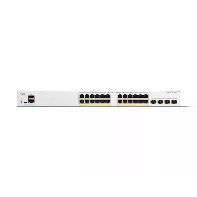 Cisco Catalyst 1300-24FP-4G pārvaldāms slēdzis, 24 porti GE, pilns PoE, 4x1GE SFP, ierobežots mūža aizsardzība (C1300-24FP-4G)