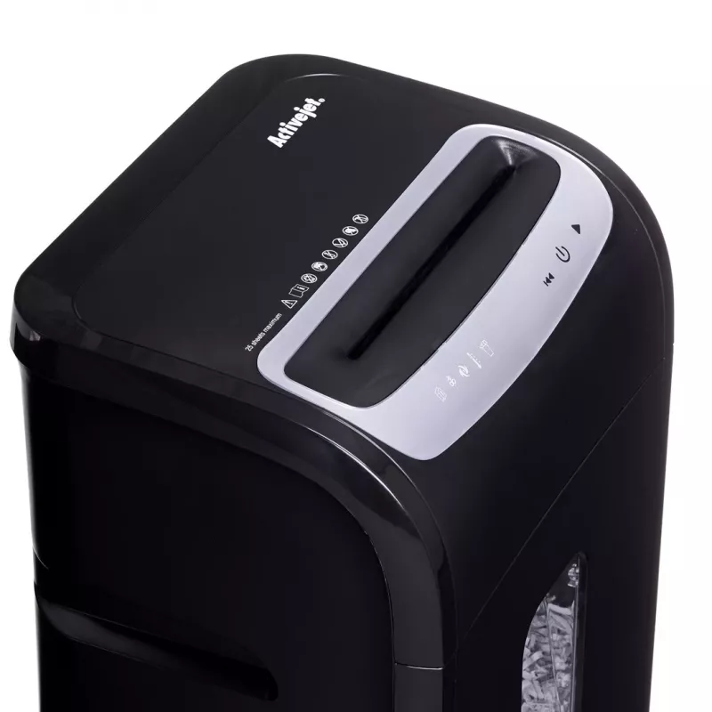 Dokumentu smalcinātājs ActiveJet ASH-2502C — šķērsgriezuma P-4, 25 lapas, 4x40 mm, 28 L tvertne, 22,8 cm padeve, 30 min darba cikls