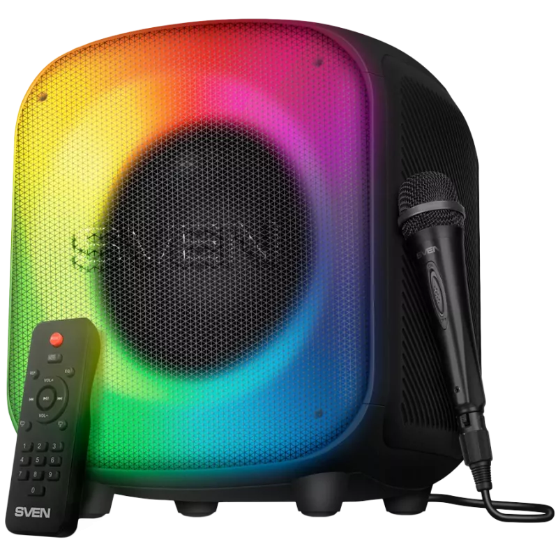 Skaļrunis SVEN PS-555, melns, jauda 65 W (RMS), TWS, Bluetooth, USB, microSD, tālvadības pults, litija baterija