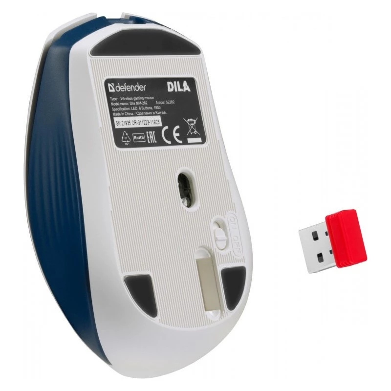 Bezvadu spēļu pele DEFENDER MM-282 RF — piemērota abām rokām, optiska, 1800 DPI, 5 pogas, USB, darbināma ar baterijām