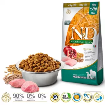 Sausā suņu barība Farmina N&D Ancestral Grain Adult Chicken 15 kg — 27% olbaltumvielu, 16% tauku