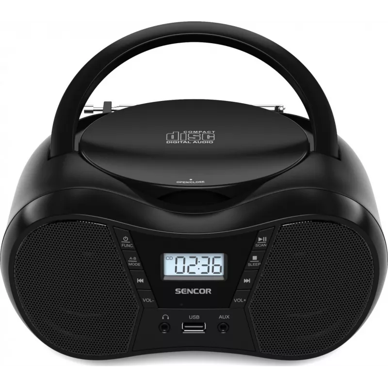 Bumbokss SENCOR SPT2300BK — CD atskaņotājs, MP3, USB, Bluetooth 5.1, FM, AUX, 4W, baterija/maiņstrāva
