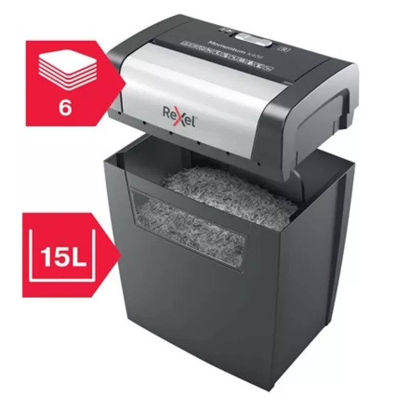 Rexel Momentum X406 krusteniskās griešanas papīra smalcinātājs P4, daļiņu griešana, 4 x 28 mm, 15 L, 125 loksnes, 70 dB, pogas