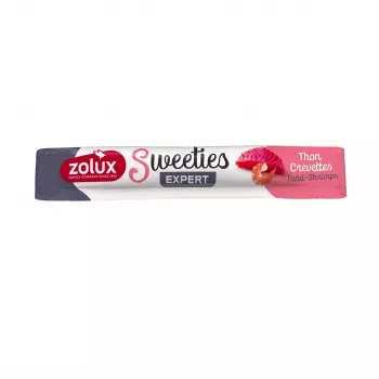 ZOLUX kaķu našķi Sweeties Tuncis ar garnelēm 14 g — zivju pastas našķis, tūbiņa, 90% mitruma