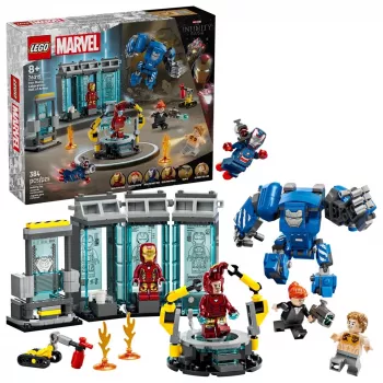 LEGO rotaļu komplekts Marvel Iron Man's Laboratory Hall of Armor 76315 — 384 detaļas, 5 minifigūriņas, izstādīšanas zona