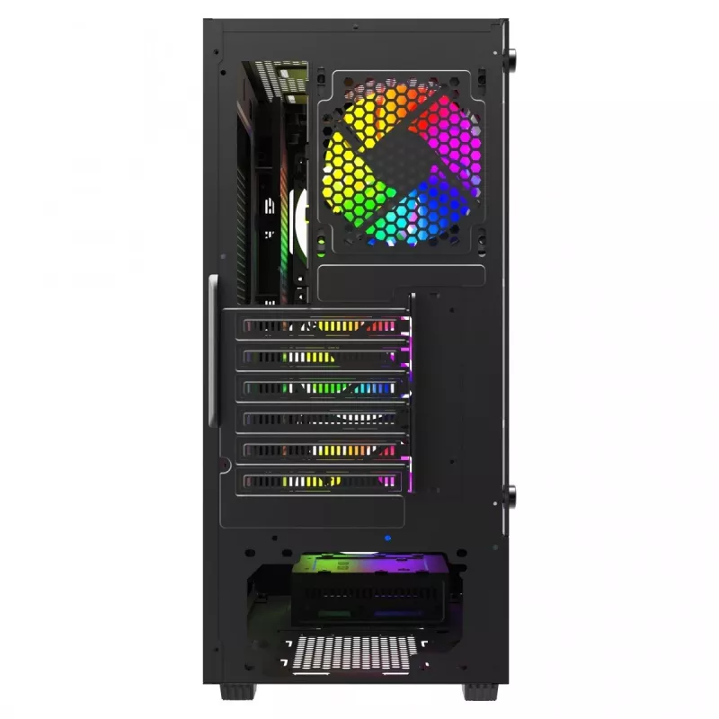 PC kuba korpuss SAVIO Noctis Glass RGB — Melns, ATX/Micro-ATX, 210×410×450 mm, 3×120 mm priekšējie ventilatori