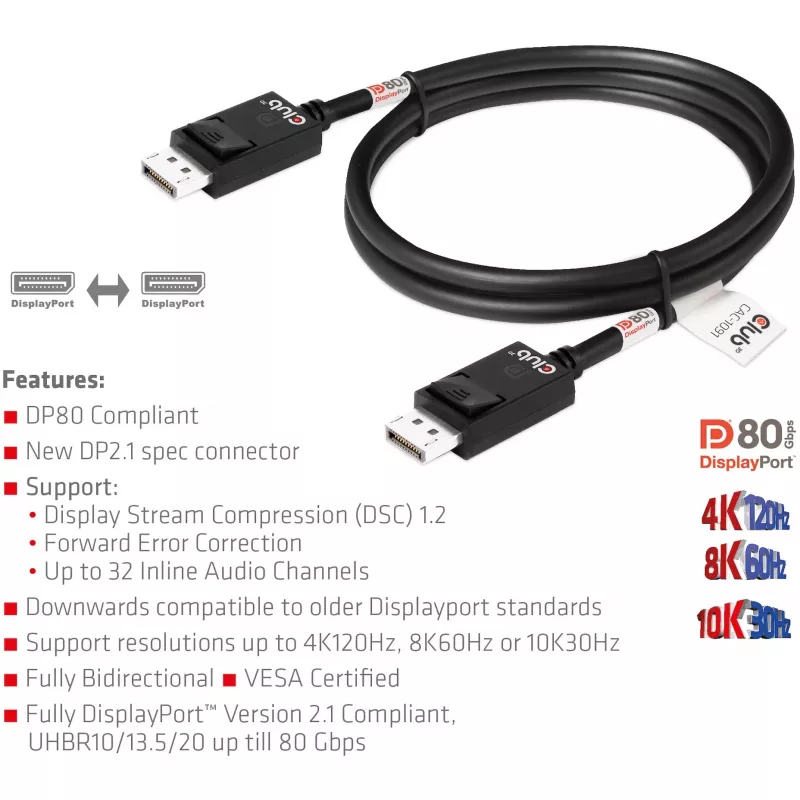 CLUB3D DisplayPort 2.1 Divvirzienu VESA DP80 sertificēts kabelis 4K240Hz, 8K60Hz vai 10K30Hz M/M 1,2 m/3,94 pēdas