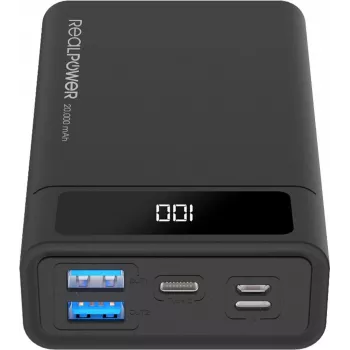 RealPower PB-20k PD - Melns - Austiņas/austiņu komplekts - MP3/MP4 - Mobilais tālrunis/viedtālrunis - Viedpulkstenis - Planšetdators - Taisnstūrveida - 20000 mAh - USB - 74 Wh (306949)