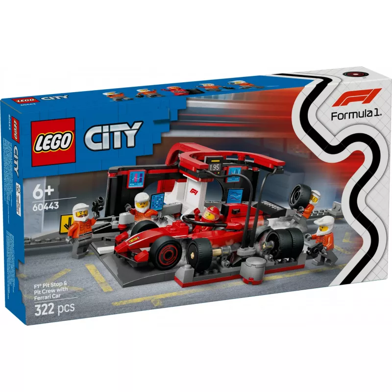 LEGO City F1 boksu pieturas komplekts 60443 — Ferrari F1 auto, 322 detaļas, 5 minifigūras, vecums 6+
